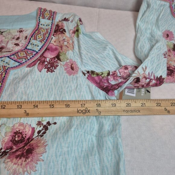John Mark Women's Size S Floral Print Embroidered and Beaded Tunic Blue Pink (53 - Picture 11 of 13